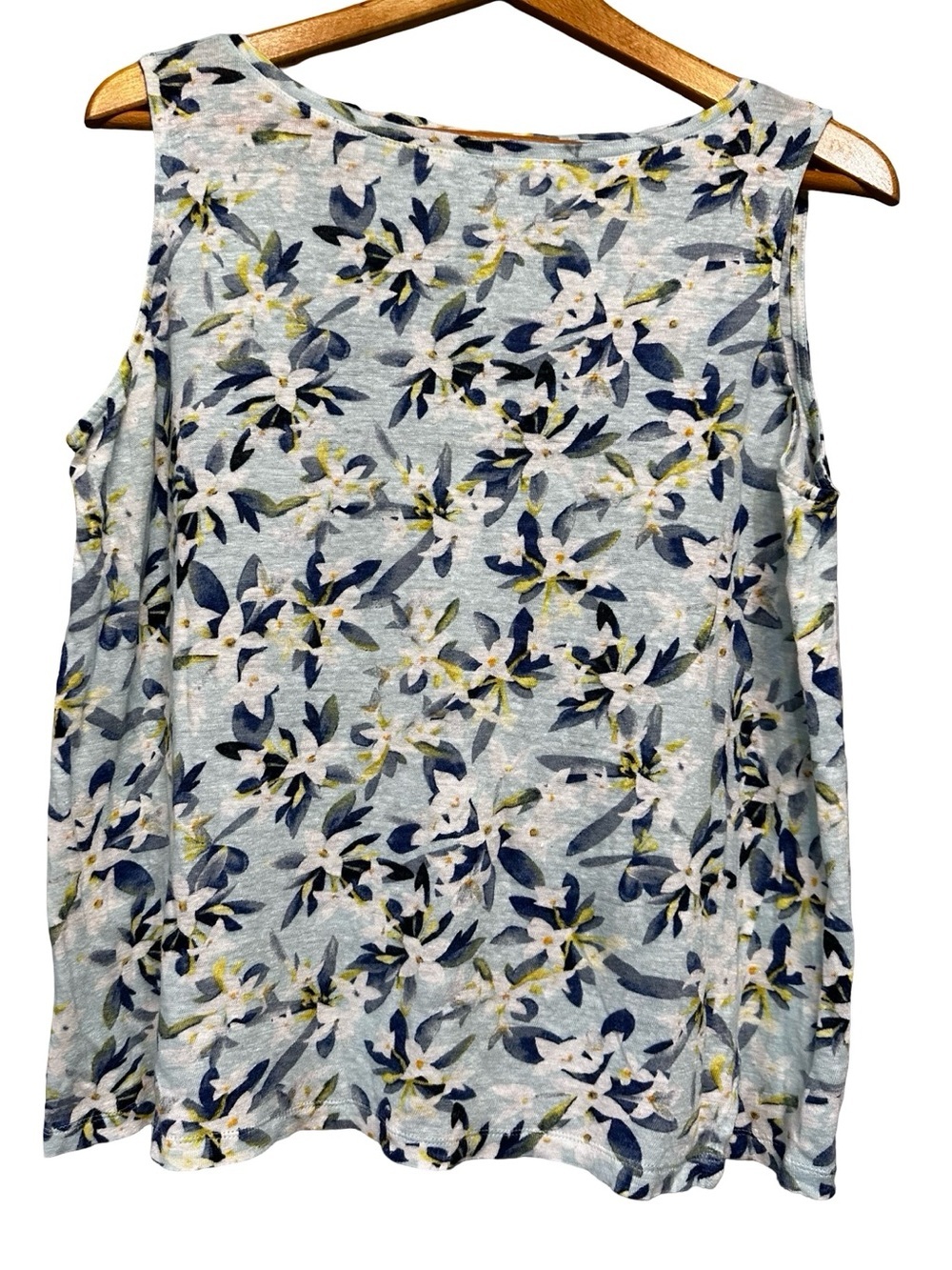 J. Jill Love Linen Blue White Floral Sleeveless Blouse SZ Medium Coastal Chic